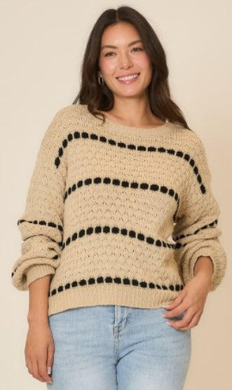 Khaki Spot Stripe Balloon Sleeve Knit Sweater