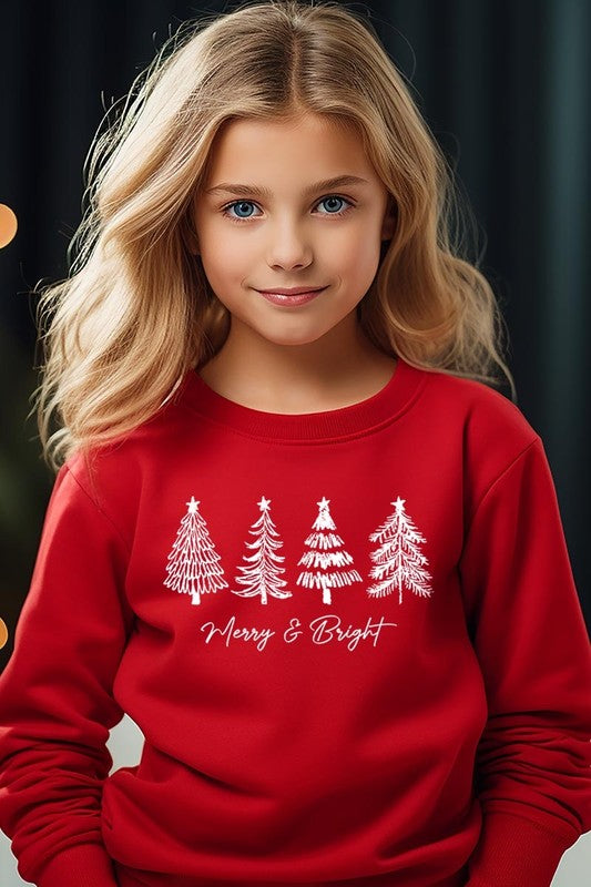 Red Merry & Bright Christmas Trees Kids Sweatshirts