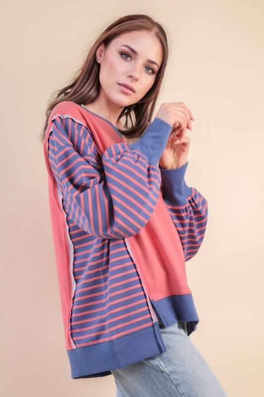 Coral Oversized Striped Casual Knit Top