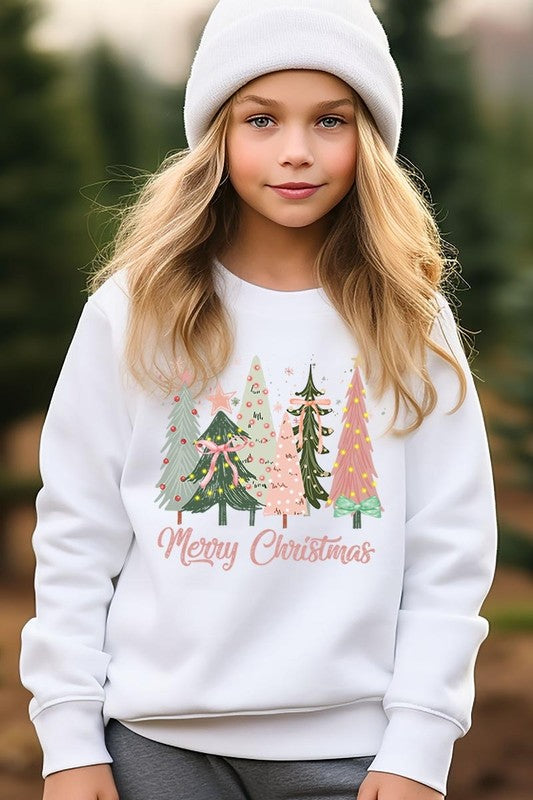 White Coquette Christmas Trees Kids Fleece Sweatshirt