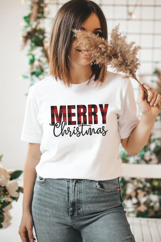 White Plaid Merry Christmas Graphic Tee