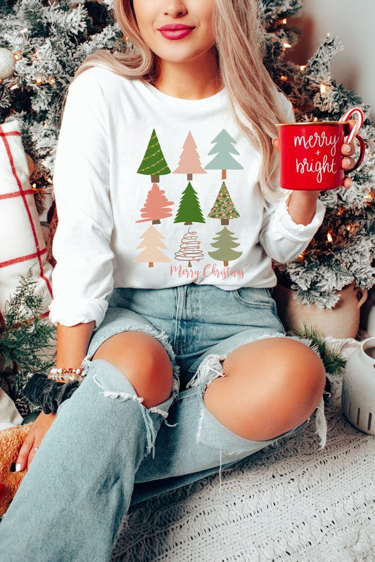 White Boho Christmas Trees Long Sleeve