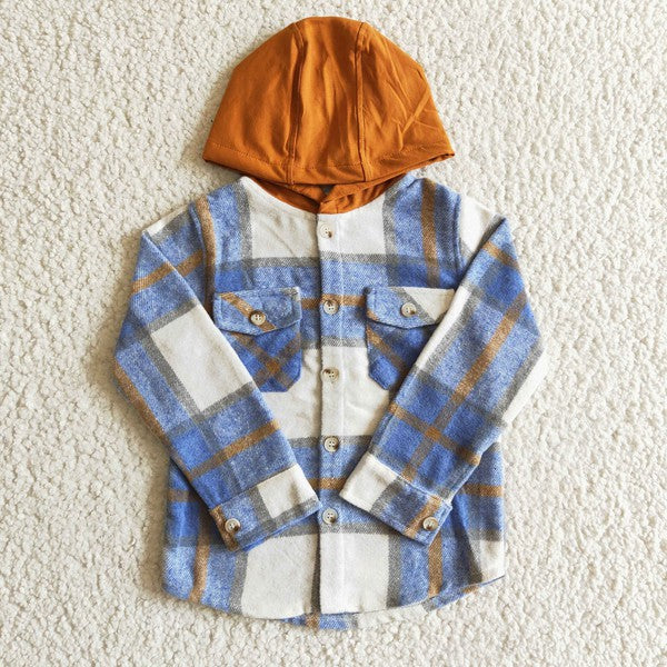 Boys Blue Plaid Flannel Hoodie