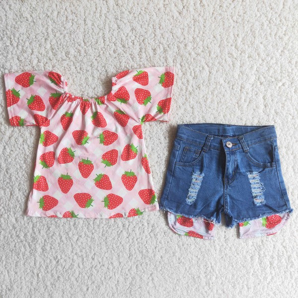 Girls Strawberry Shirt and Jean Shorts