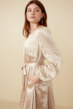Load image into Gallery viewer, Champagne Belted Flared Skirt Satin Dress
