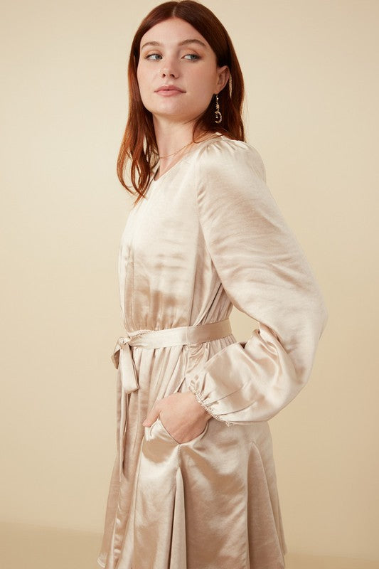 Champagne Belted Flared Skirt Satin Dress