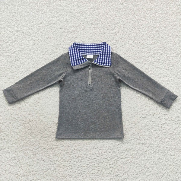 Boys Blue Plaid and Grey Pullover