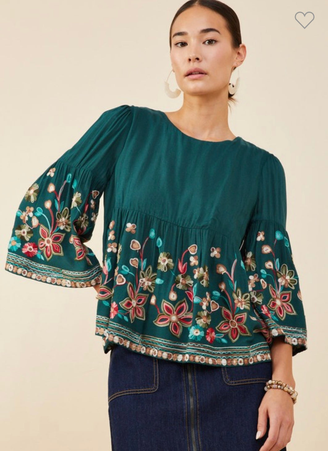 Green Embroidered Baby Doll Top