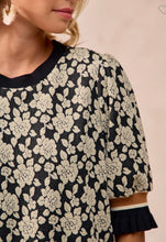 Load image into Gallery viewer, Textured Rose Knit Top Contrast Banded Puff Sleeve
