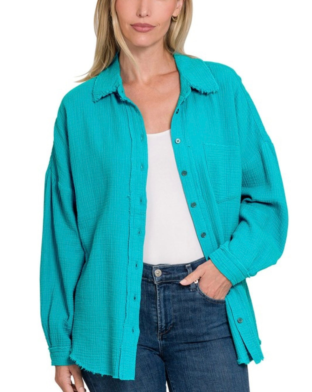 Teal Oversized Raw Edge Button Down