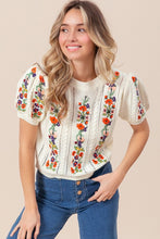 Load image into Gallery viewer, Ivory Flower Embroidery Pointelle Short Sleeve Sweater
