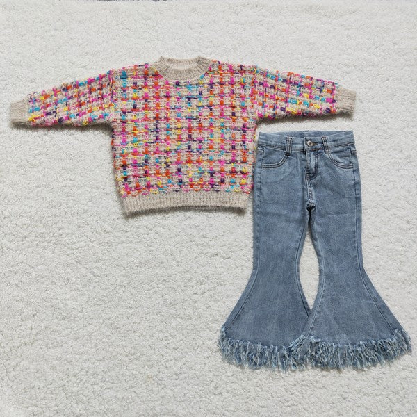 Girls Colorful Sweater with Distressed Flaire Jeans