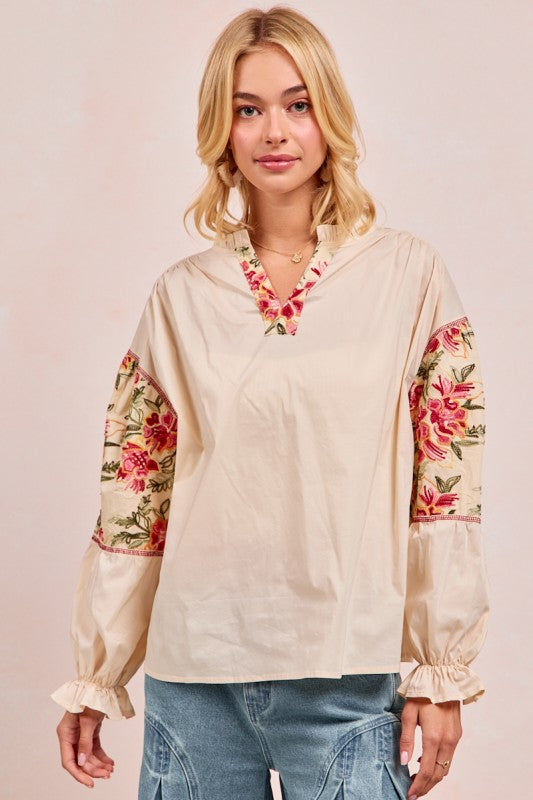 Cream Solid Woven Top With Embroidery Block Ruffled Edge