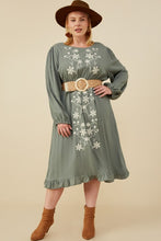 Load image into Gallery viewer, Sage Floral Embroidered Ruffle Long Sleeve Dress

