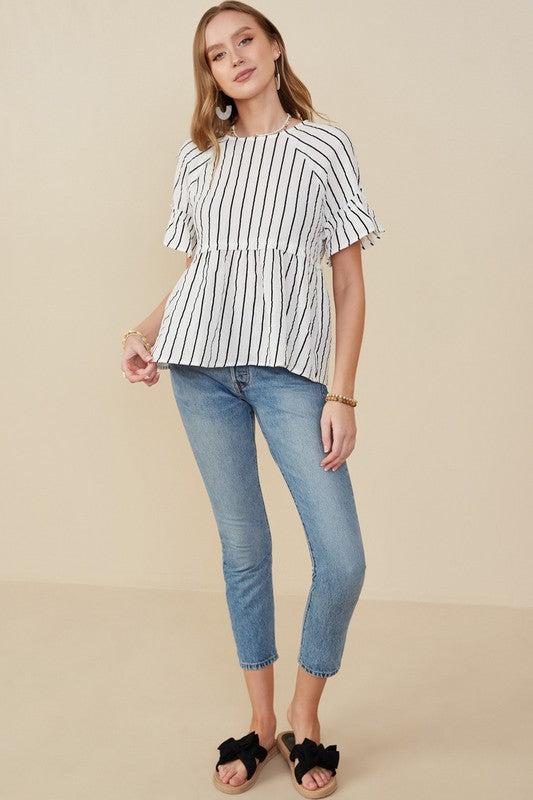 Women's Ruffle Sleeve Pinstripe Gauze Peplum Top