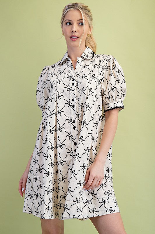 Ivory and Black Bow Printed Dress