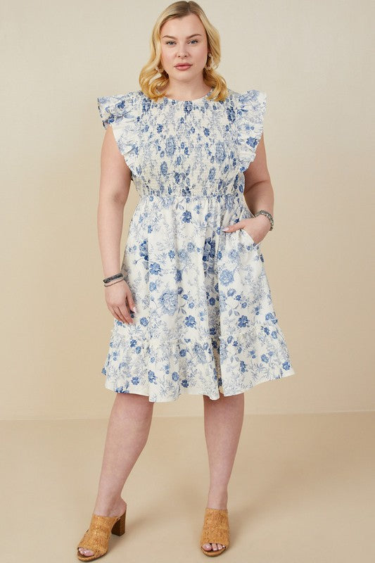 Blue Antique Floral Smock And Ruffle Dress