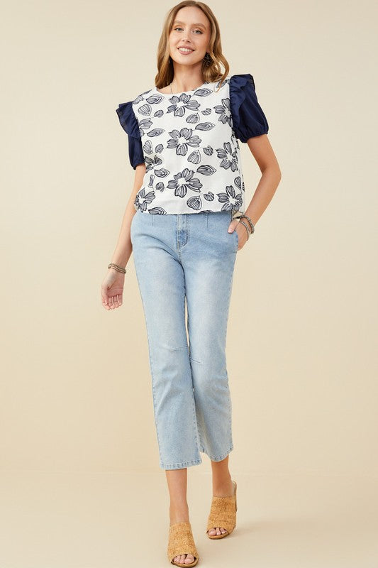 Womens Floral Embroidered Contrast Ruffle Top