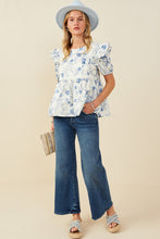 Load image into Gallery viewer, Blue Antique Floral Lace Trimmed Ruffle Top
