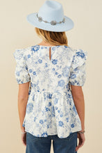 Load image into Gallery viewer, Blue Antique Floral Lace Trimmed Ruffle Top
