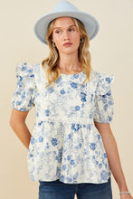 Load image into Gallery viewer, Blue Antique Floral Lace Trimmed Ruffle Top
