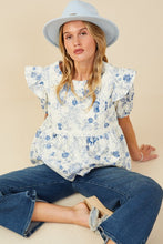 Load image into Gallery viewer, Blue Antique Floral Lace Trimmed Ruffle Top
