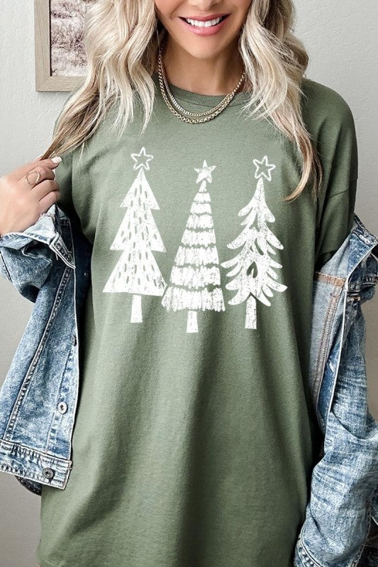 Military Green Christmas Trees Graphic Heavy Cotton Tee
