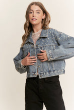 Load image into Gallery viewer, Long Sleeve Pearl Stud Detail Cropped Medium Denim Jacket
