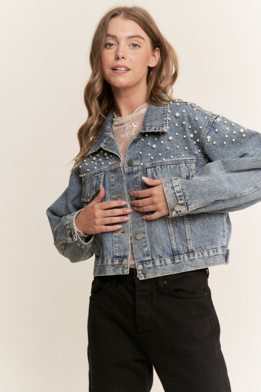 Long Sleeve Pearl Stud Detail Cropped Medium Denim Jacket