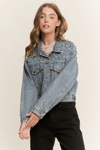 Load image into Gallery viewer, Long Sleeve Pearl Stud Detail Cropped Medium Denim Jacket
