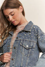 Load image into Gallery viewer, Long Sleeve Pearl Stud Detail Cropped Medium Denim Jacket
