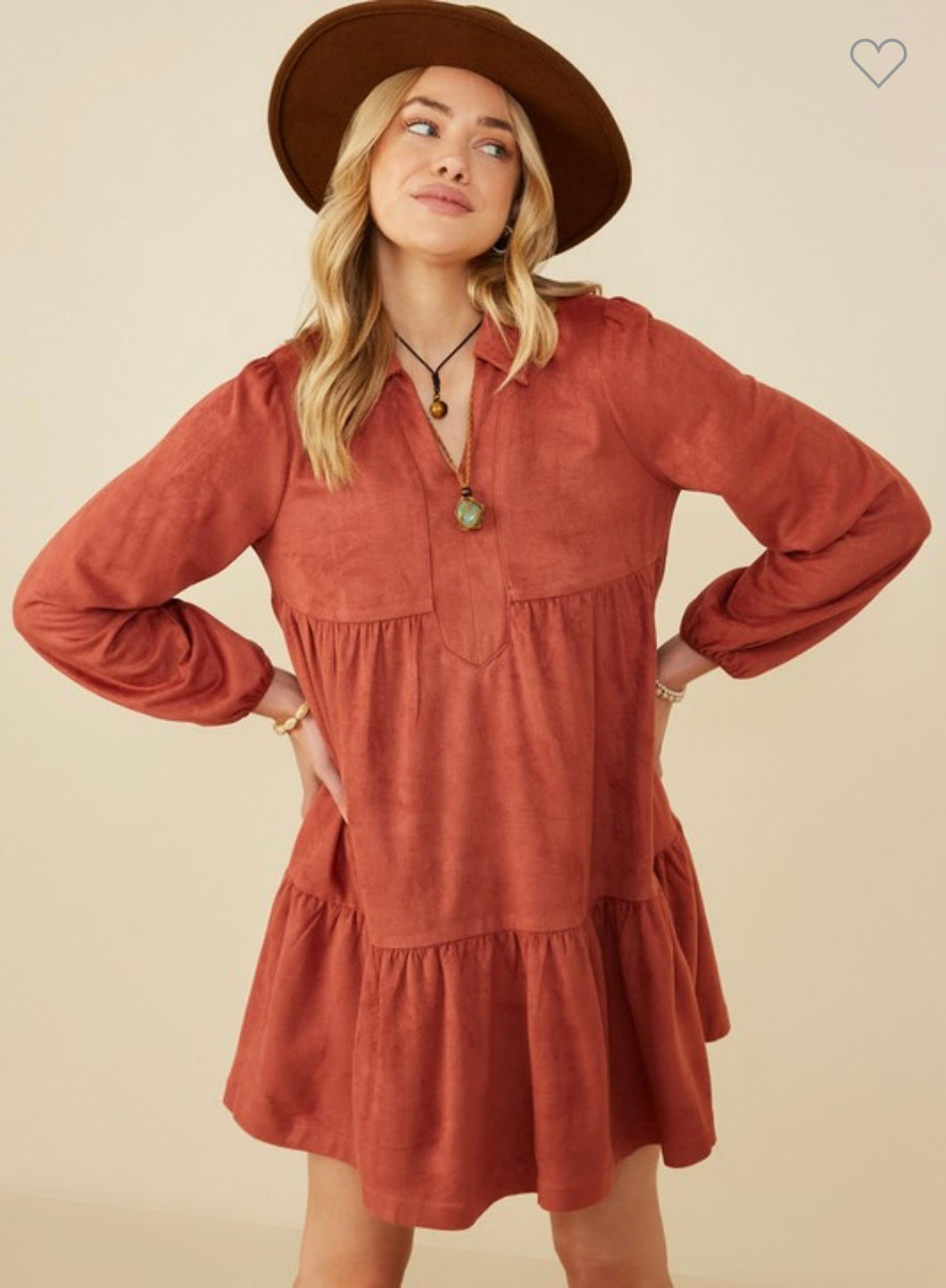 Rust Open Collar Vegan Suede Swing Dress