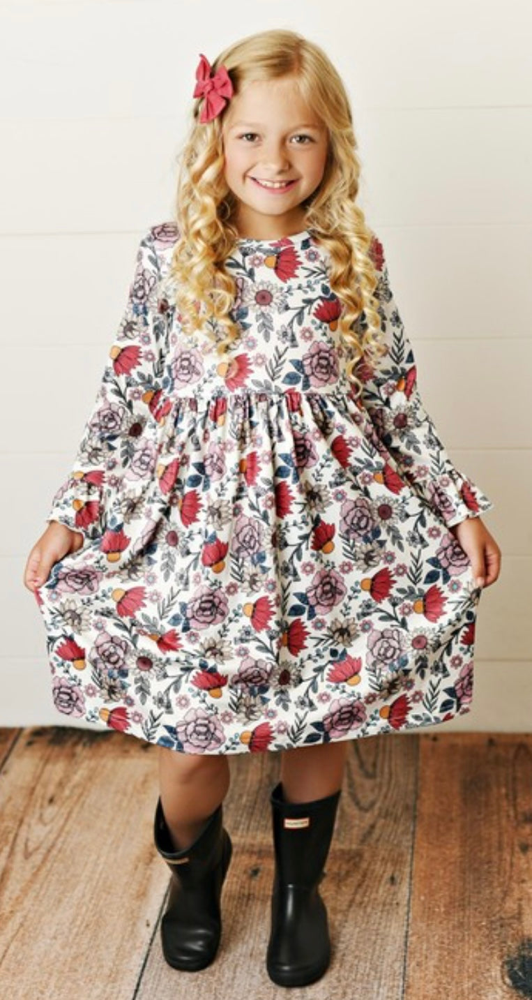 Girls Rust Fall Floral Print Twirl Dress