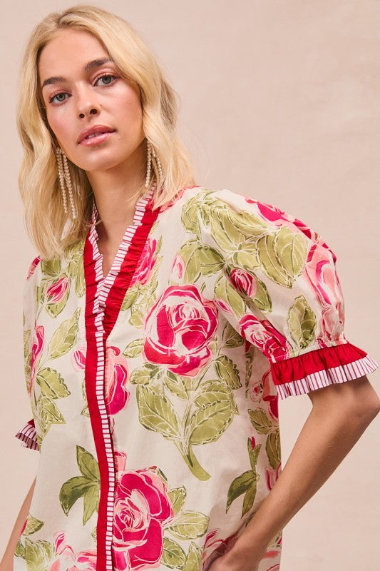 Floral Printed Woven Contrast Edge Ruffled Blouse