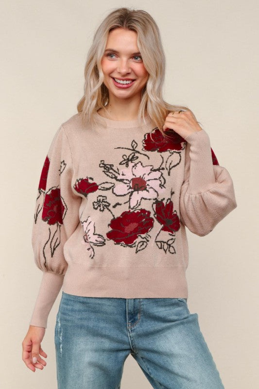 Taupe Floral Sweater Knit Top