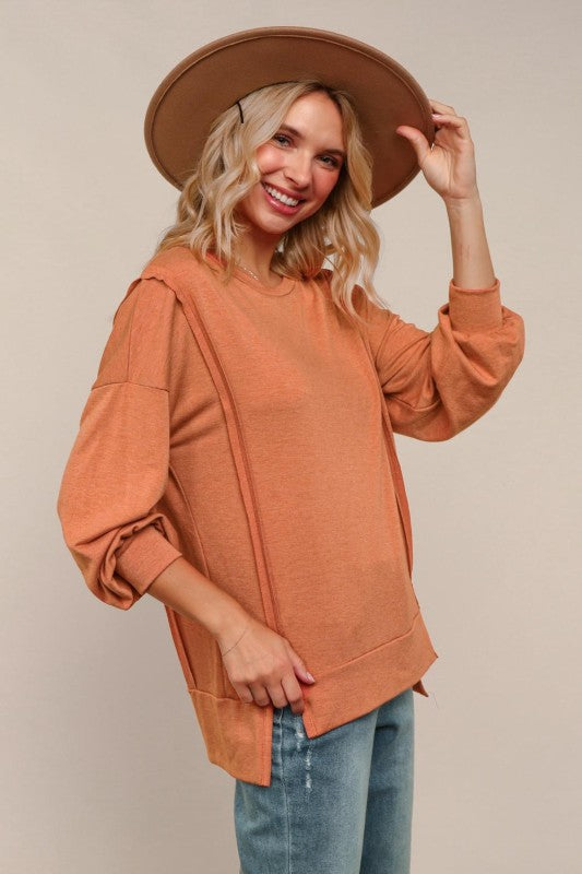 Rust French Terry Knit Pullover Top