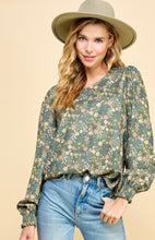 Load image into Gallery viewer, Olive Floral Top with Puffed Sleeve
