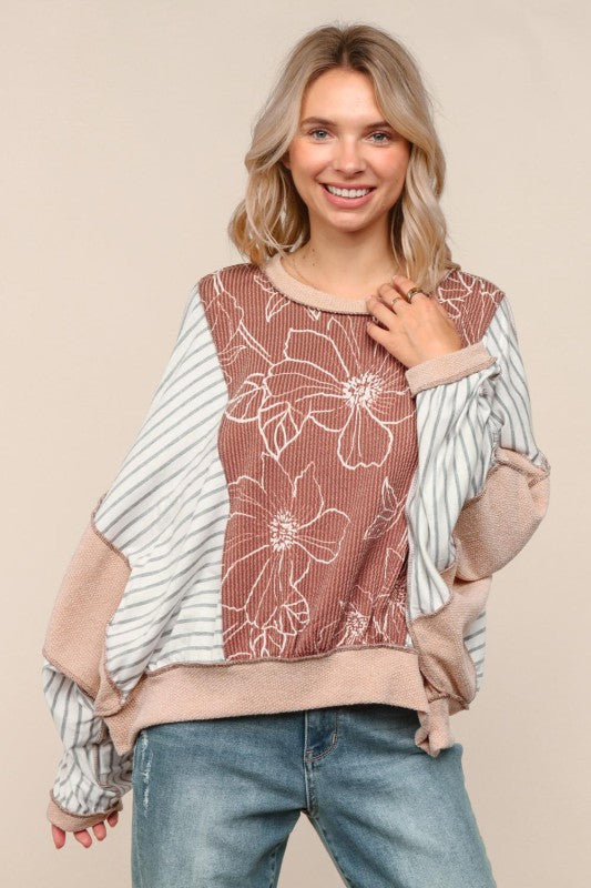 Mocha/Oatmeal Oversized Dolman Long Sleeve Top