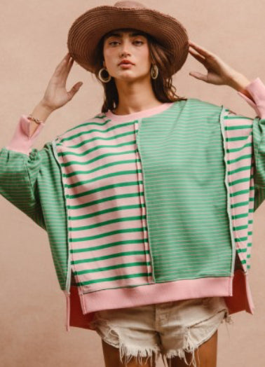 Pink and Green Stripe Mix And Match Loose Fit Top