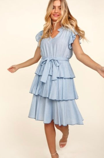 Light Blue Stripped Flutter Dress