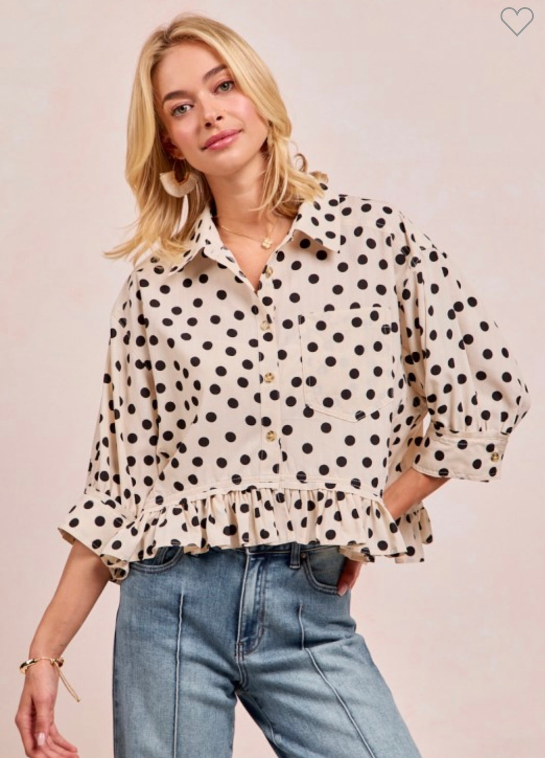 Polka Dot Printed Peplum Top With Front Button