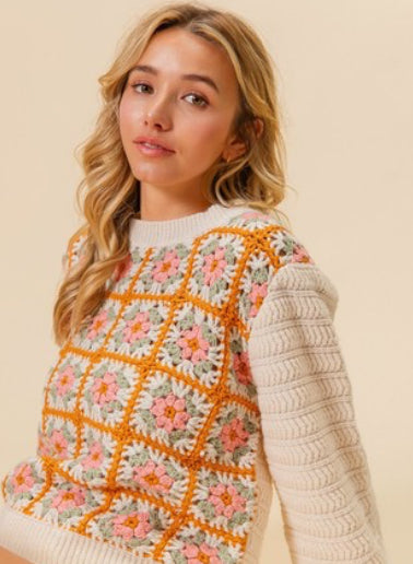 Ivory Front Flower Granny Square Sweater