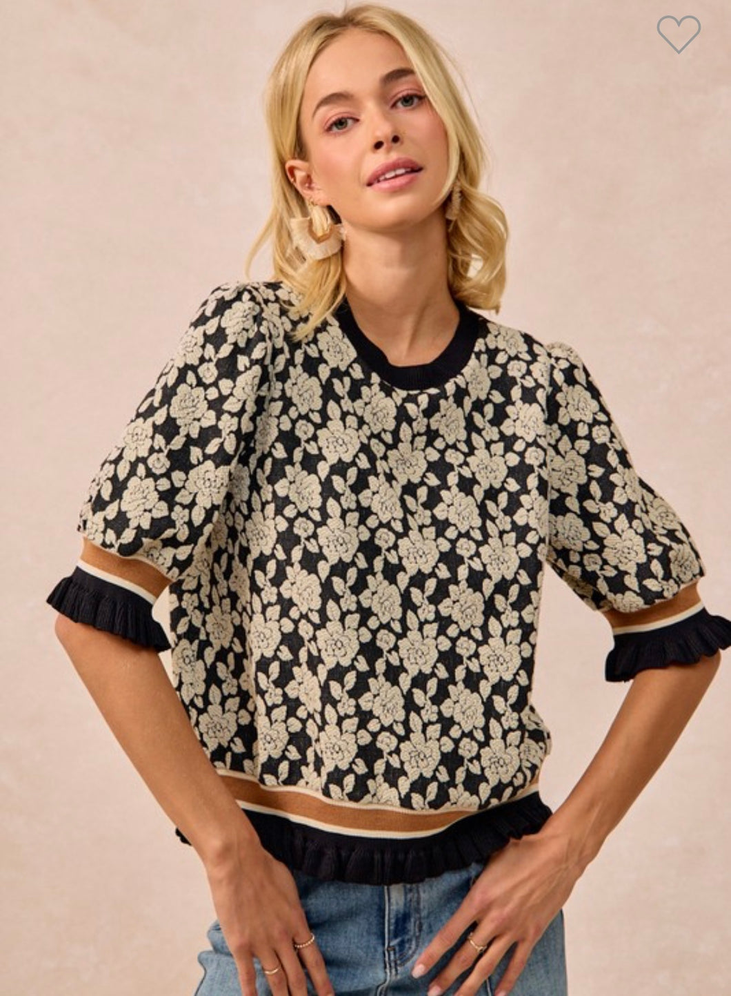 Textured Rose Knit Top Contrast Banded Puff Sleeve