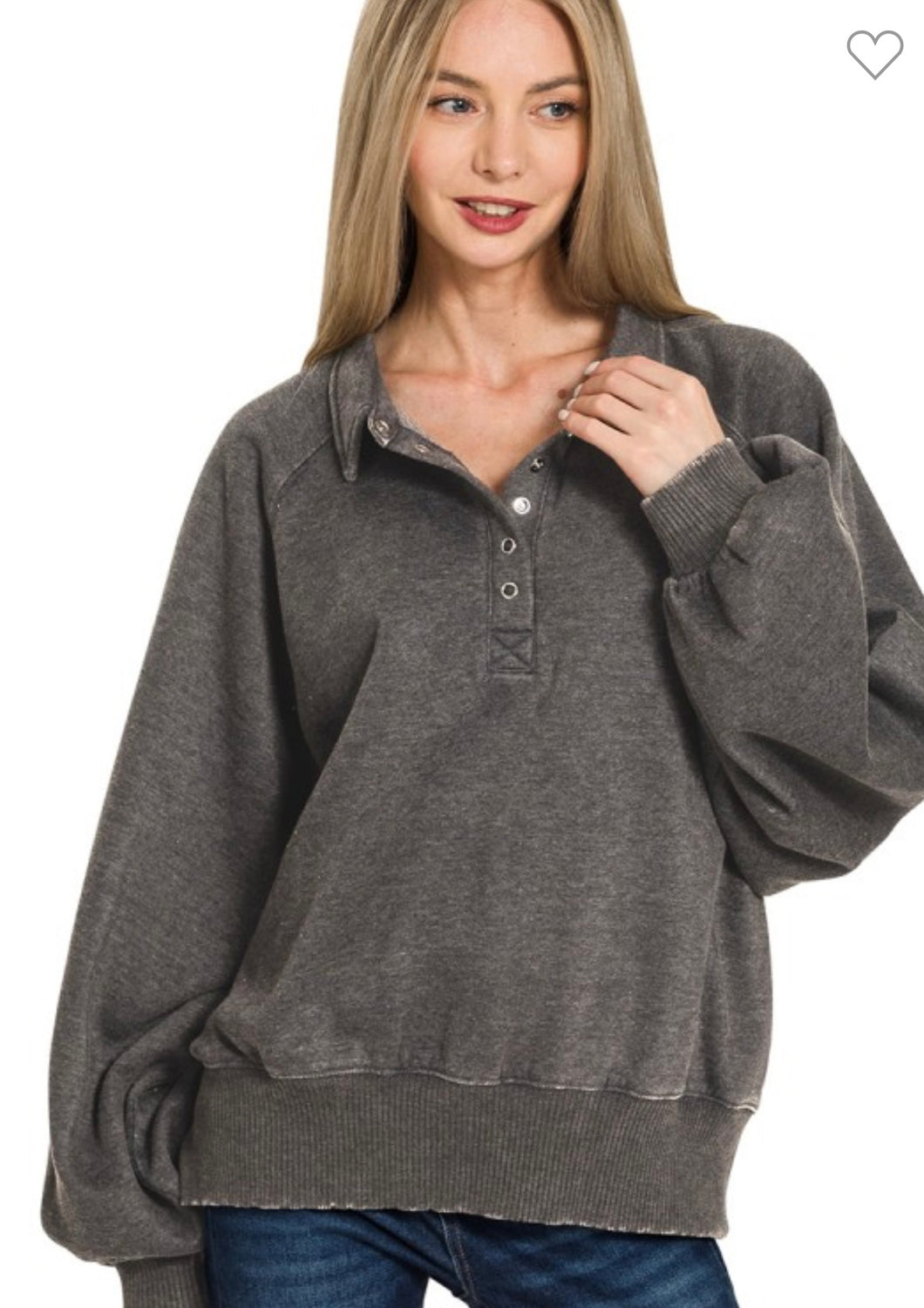 Black Acid Wash Button Up Collared Sweatshirt