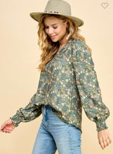 Load image into Gallery viewer, Olive Floral Top with Puffed Sleeve
