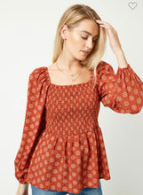 Load image into Gallery viewer, Rust Smocked Peplum Top

