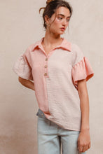 Load image into Gallery viewer, Peach Solid And Stripe Buttoned Ruffle Top
