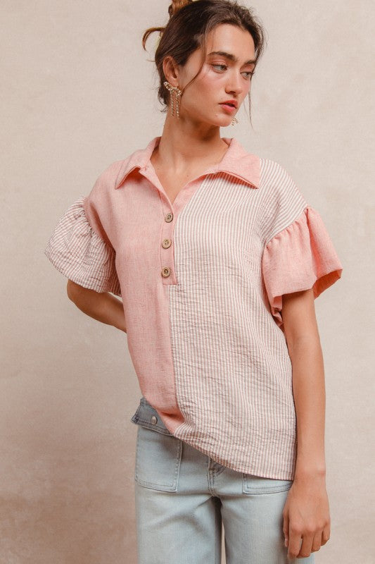 Peach Solid And Stripe Buttoned Ruffle Top