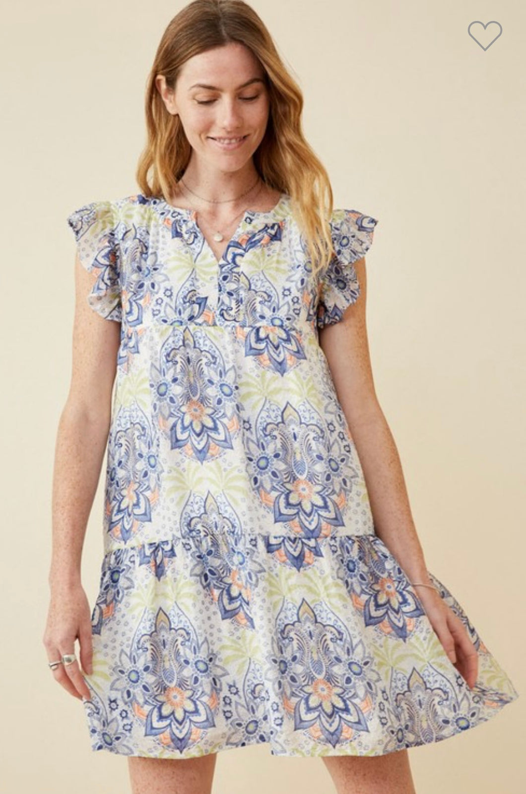 Blue Mandala Print Ruffled Dress