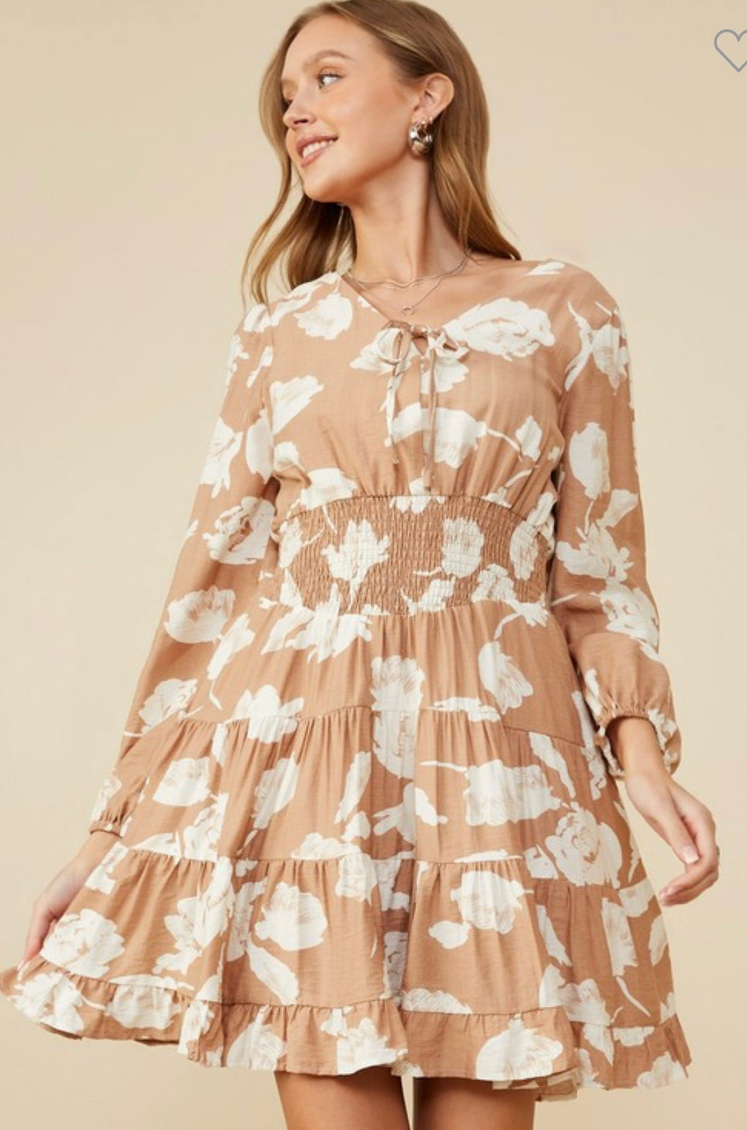 Taupe Floral Smocked Dress